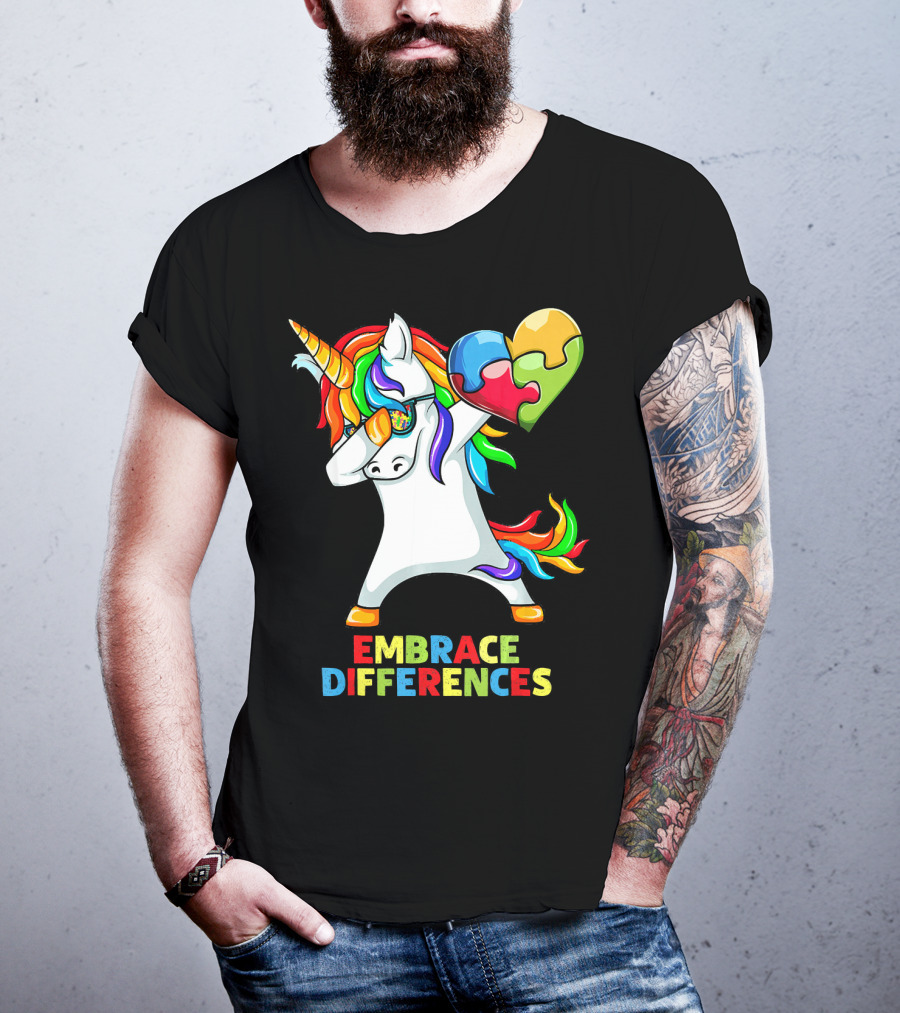 Dabbing Unicorn Embrace Differences Autism Puzzle Heart T-Shirt