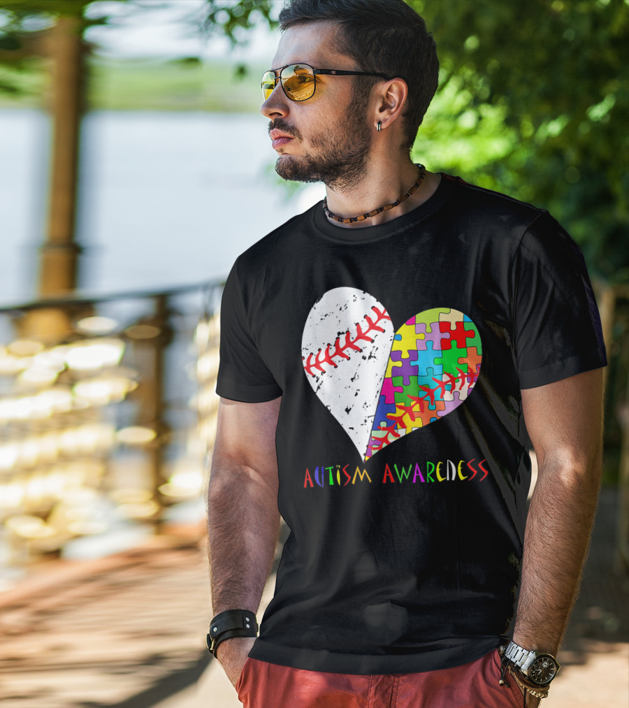 Swing For A Cause Baseball Heart Autism Awareness Puzzle Pieces T-Shirt