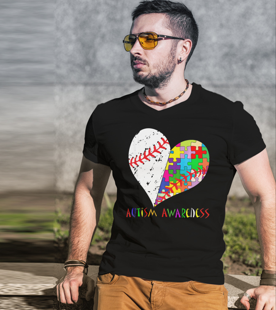 Swing For A Cause Baseball Heart Autism Awareness Puzzle Pieces T-Shirt