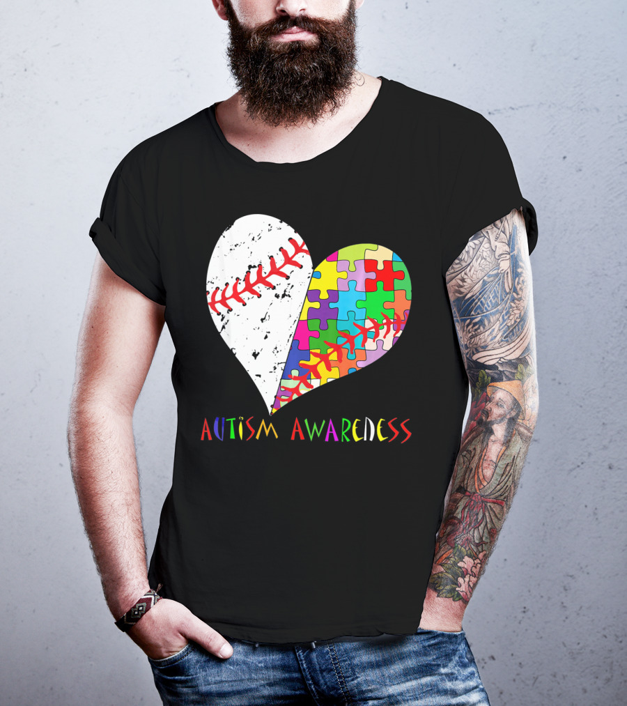 Swing For A Cause Baseball Heart Autism Awareness Puzzle Pieces T-Shirt