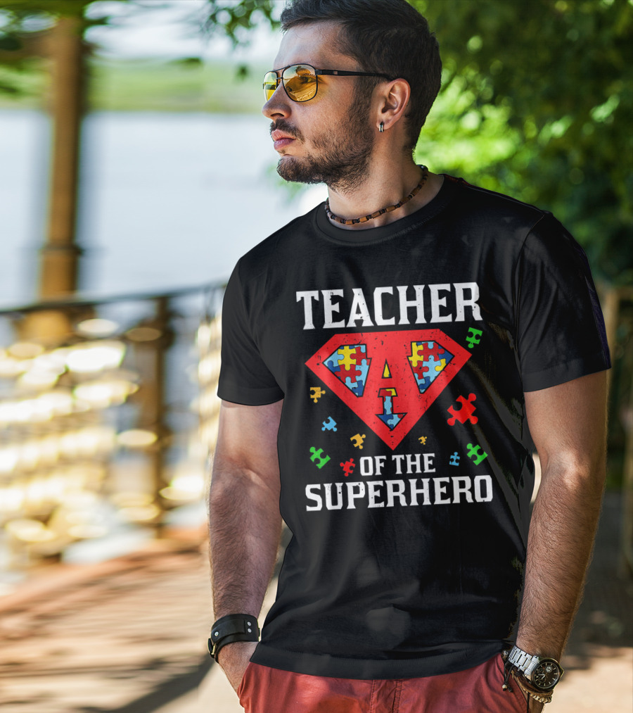 Teacher Of The Superhero With Puzzle Pieces Autism Awareness T-Shirt