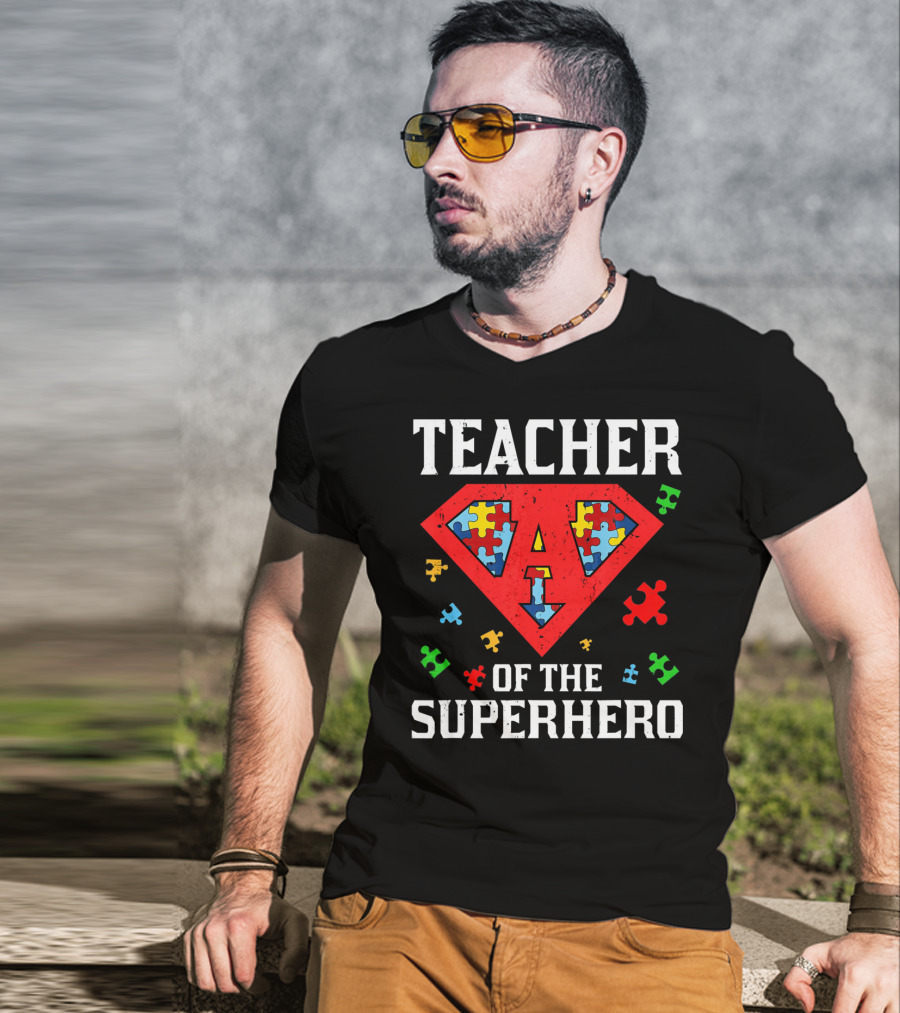 Teacher Of The Superhero With Puzzle Pieces Autism Awareness T-Shirt