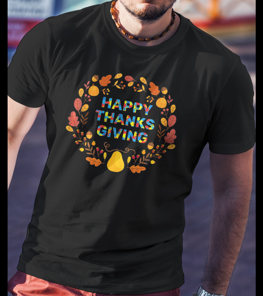 Happy Thanksgiving Day Autism Awareness Fall Leaves And Pumpkins T-Shirt