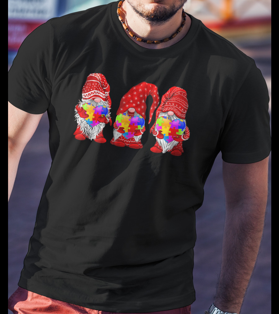 Autism Awareness Gnomies Red Hats Holding Colorful Puzzle Pieces T-Shirt