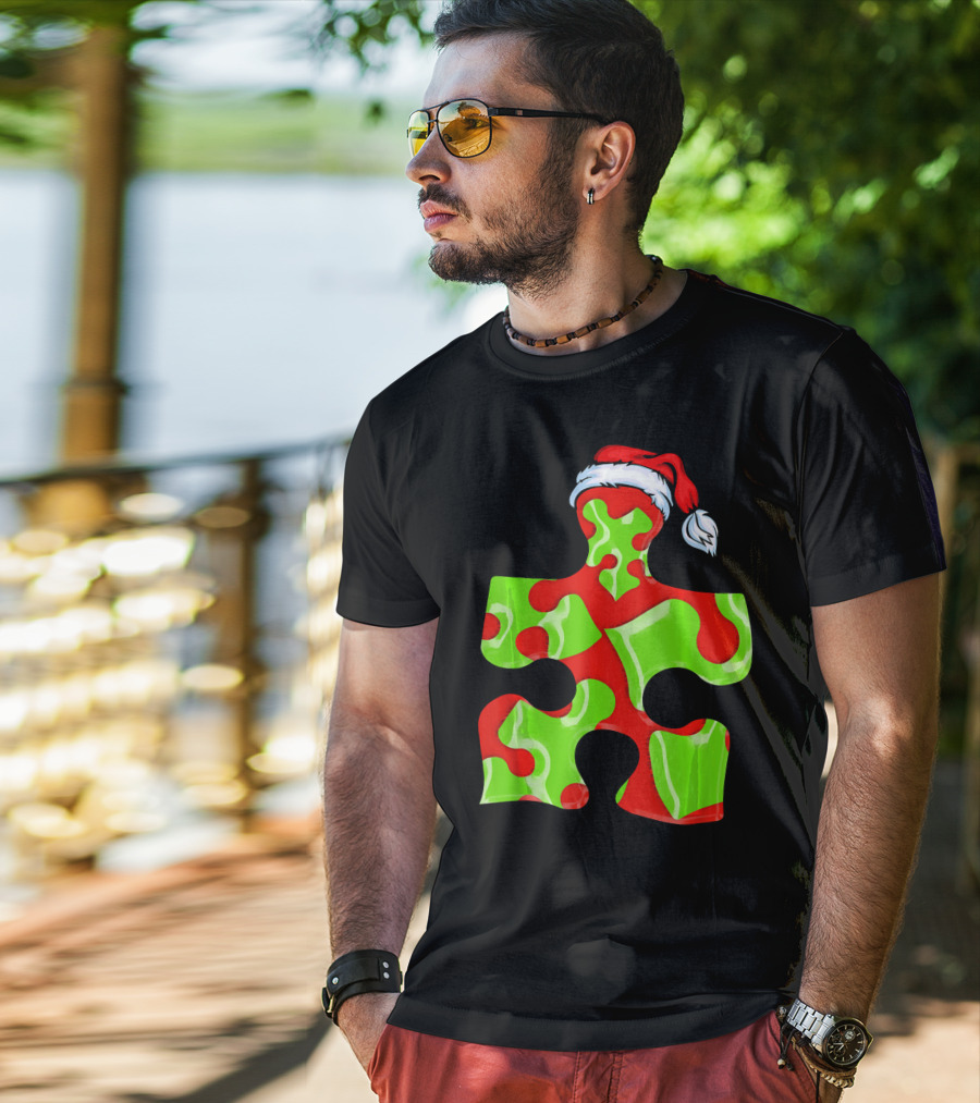 Puzzle Piece Santa Hat Red Green Autism Awareness T-Shirt