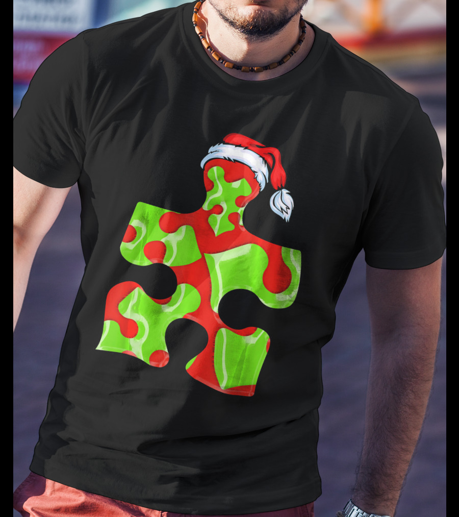 Puzzle Piece Santa Hat Red Green Autism Awareness T-Shirt