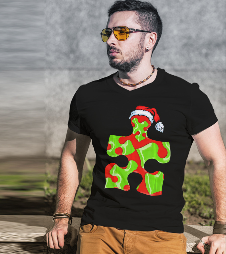 Puzzle Piece Santa Hat Red Green Autism Awareness T-Shirt