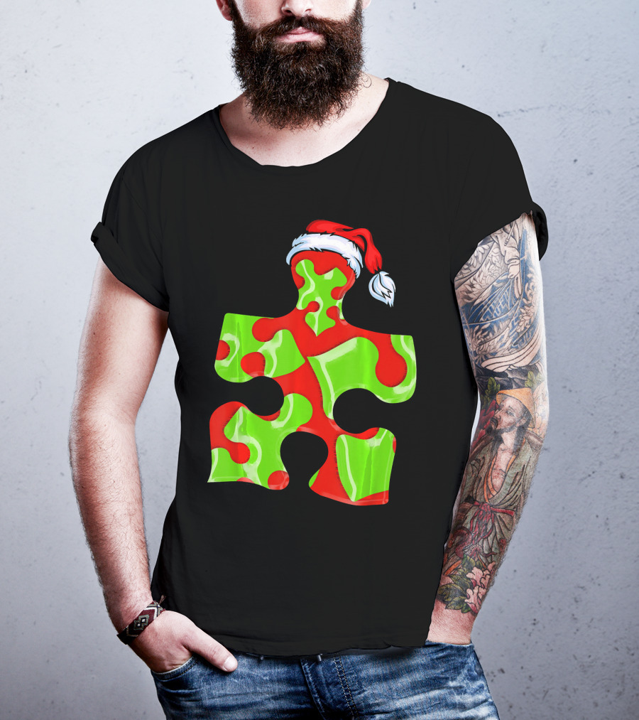 Puzzle Piece Santa Hat Red Green Autism Awareness T-Shirt