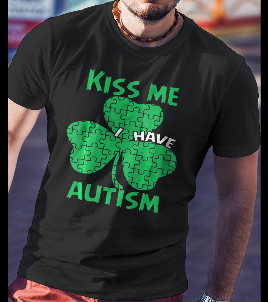 Kiss Me I Have Autism Awareness Shamrock Puzzle T-Shirt