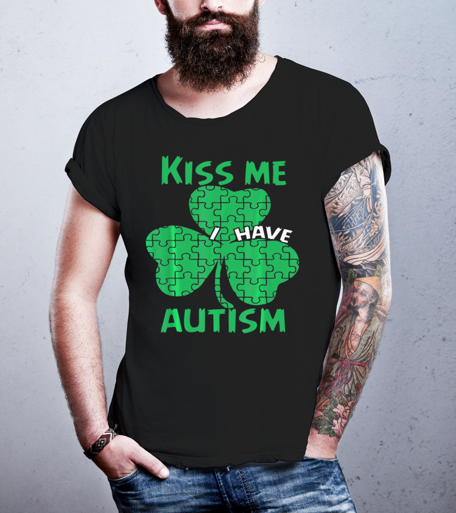 Kiss Me I Have Autism Awareness Shamrock Puzzle T-Shirt