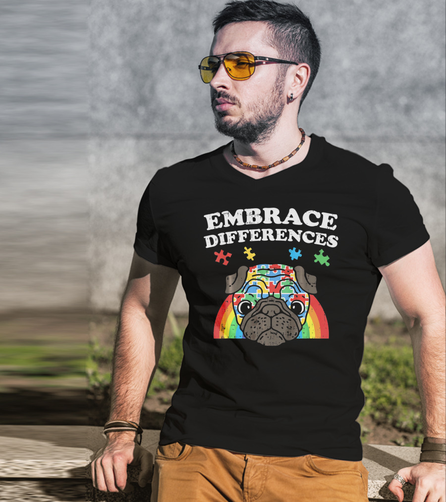 Embrace Differences Autism Awareness Pug With Puzzle Pieces And Rainbow T-Shirt