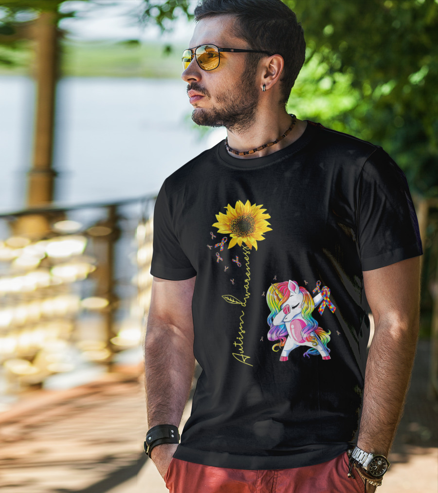 Autism Awareness Unicorn With Rainbow Ribbon Sunflower T-Shirt