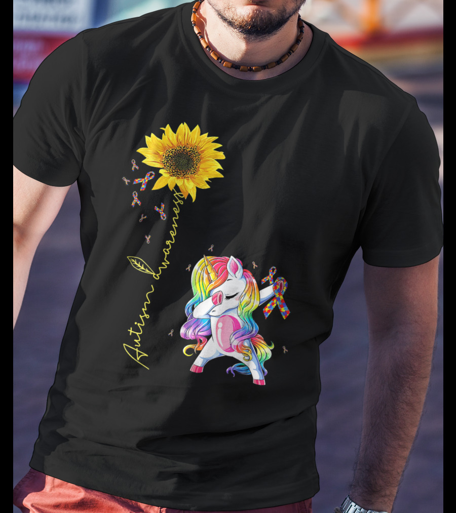 Autism Awareness Unicorn With Rainbow Ribbon Sunflower T-Shirt