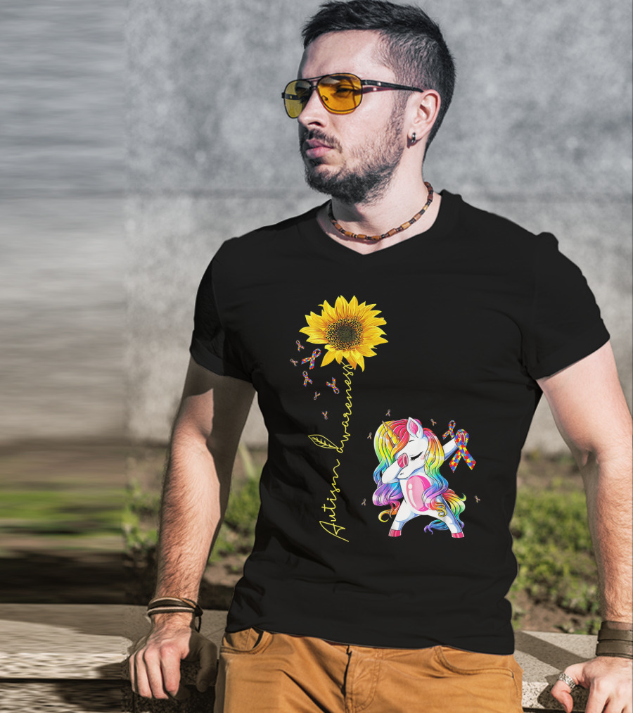 Autism Awareness Unicorn With Rainbow Ribbon Sunflower T-Shirt