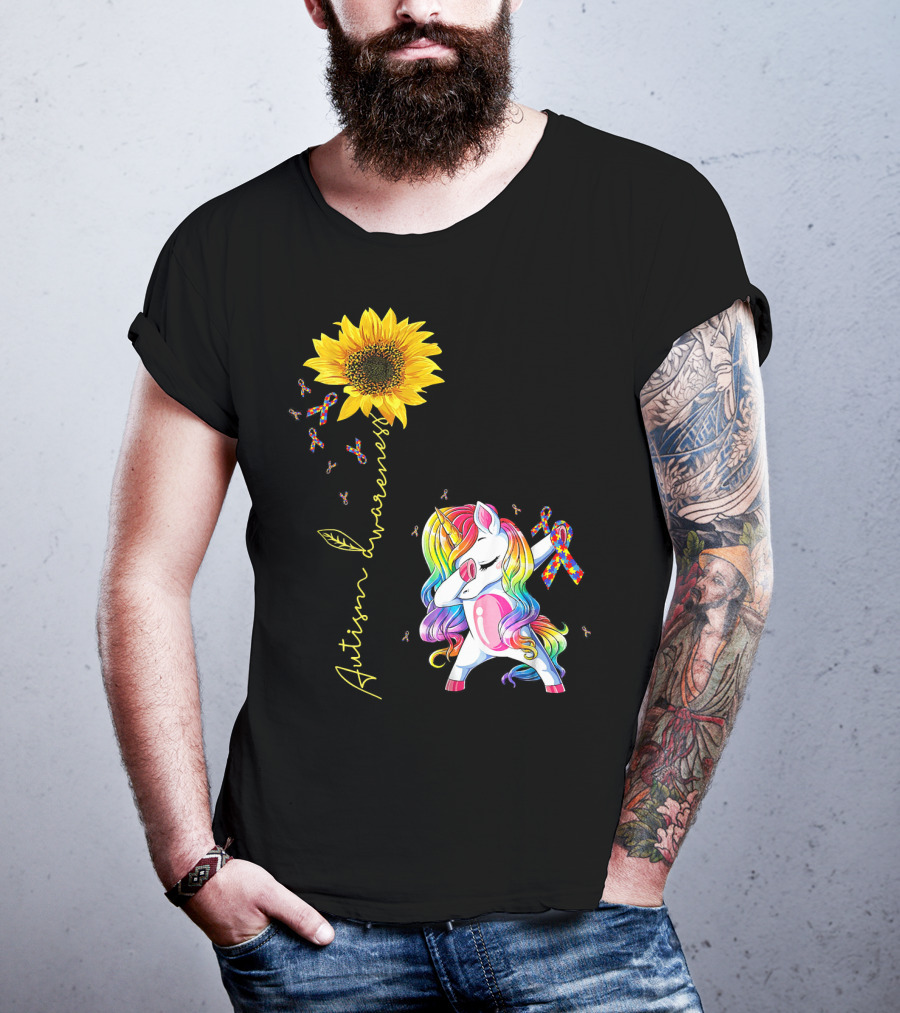 Autism Awareness Unicorn With Rainbow Ribbon Sunflower T-Shirt