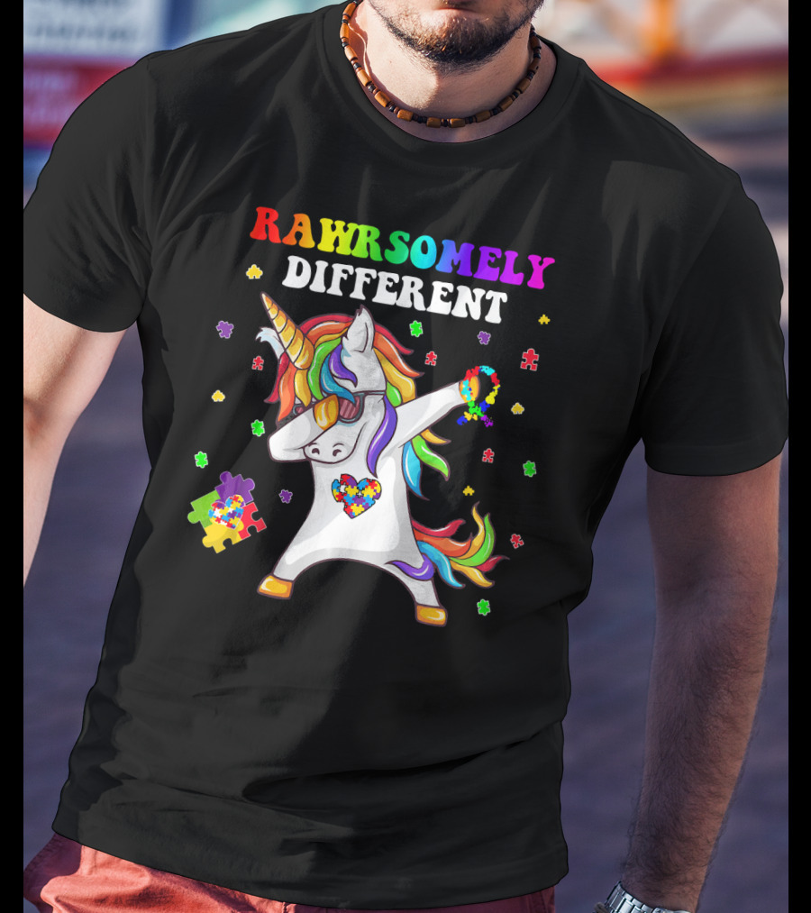 Rawrsomely Different Unicorn Autism Awareness Puzzle Pieces Dabbing T-Shirt