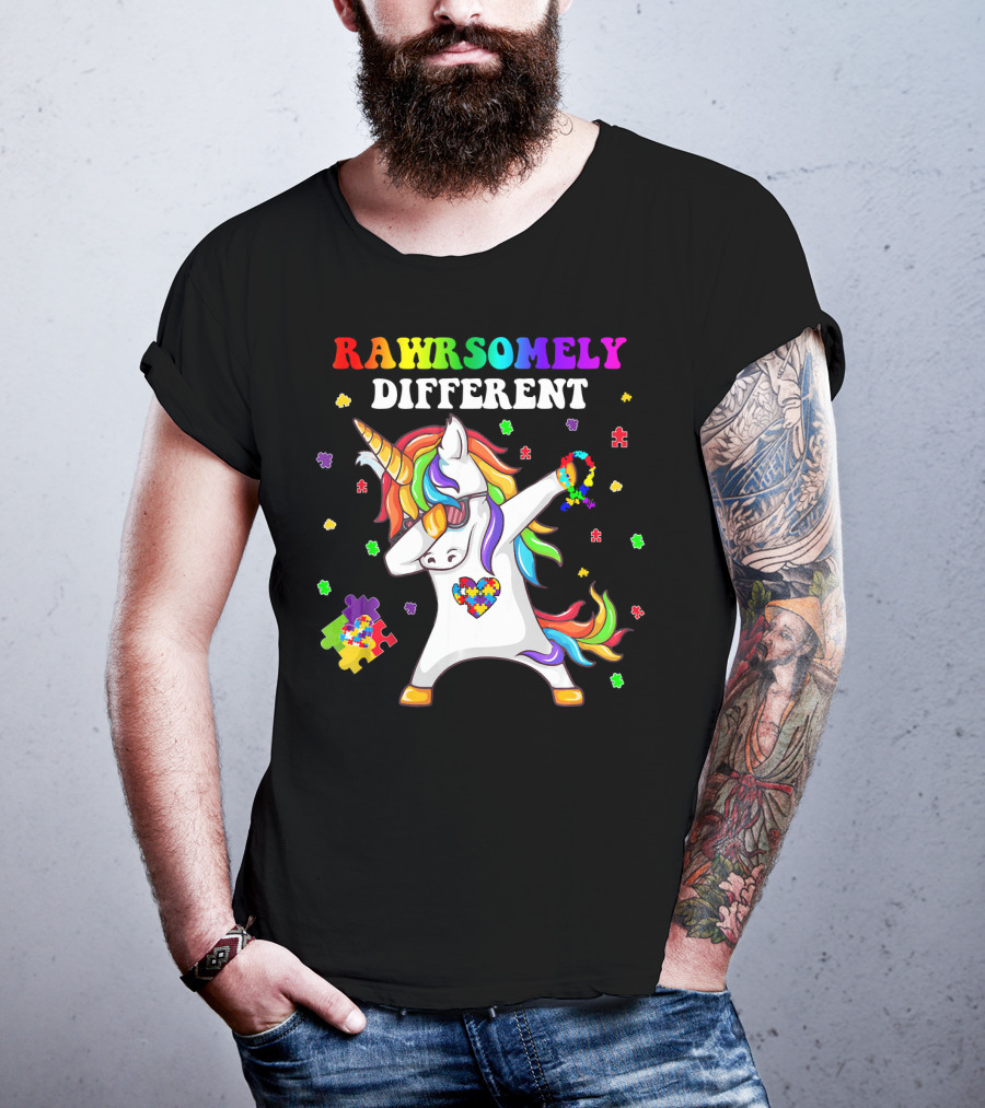 Rawrsomely Different Unicorn Autism Awareness Puzzle Pieces Dabbing T-Shirt