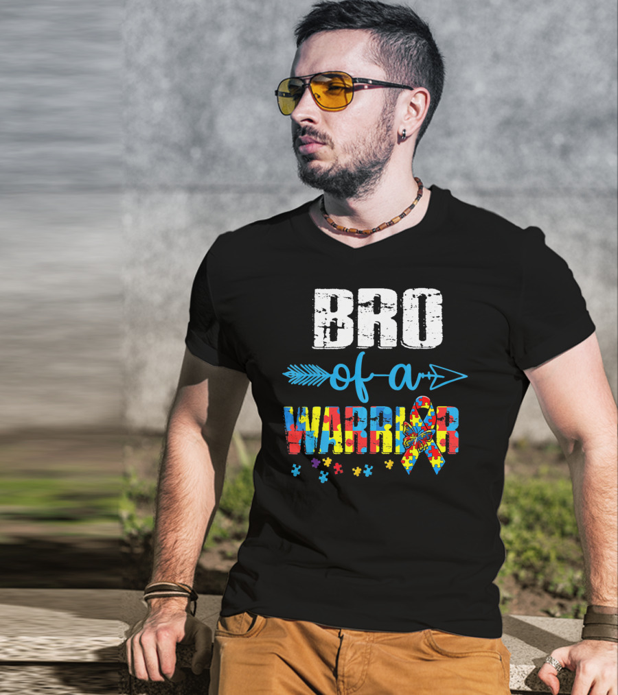Bro Of A Warrior Autism Awareness Puzzle Ribbon Butterfly Arrow T-Shirt