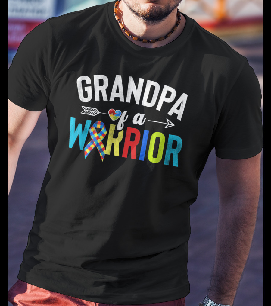 Grandpa Of A Warrior Autism Awareness Puzzle Ribbon Heart T-Shirt