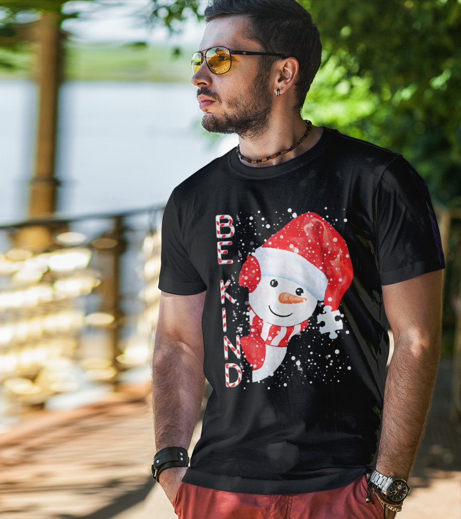 Be Kind Snowman Santa Hat Autism Puzzle Piece Holiday T-Shirt