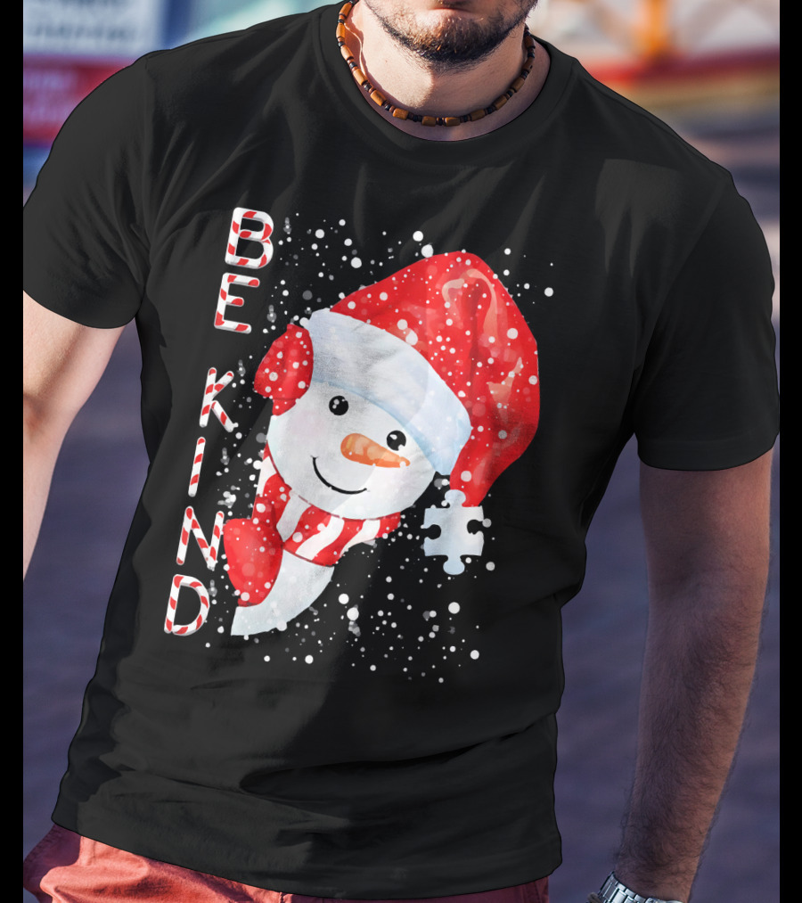 Be Kind Snowman Santa Hat Autism Puzzle Piece Holiday T-Shirt