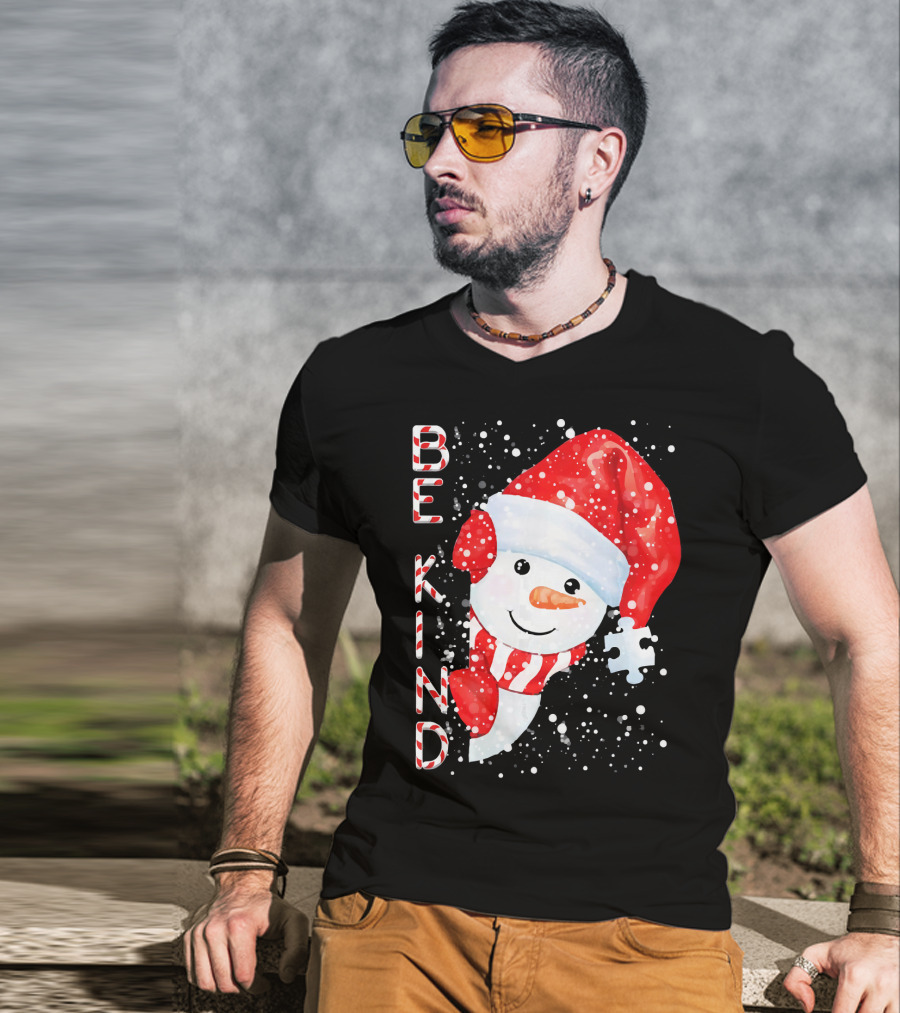 Be Kind Snowman Santa Hat Autism Puzzle Piece Holiday T-Shirt