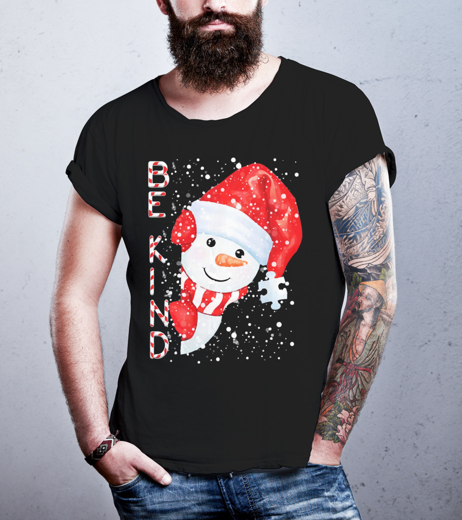 Be Kind Snowman Santa Hat Autism Puzzle Piece Holiday T-Shirt