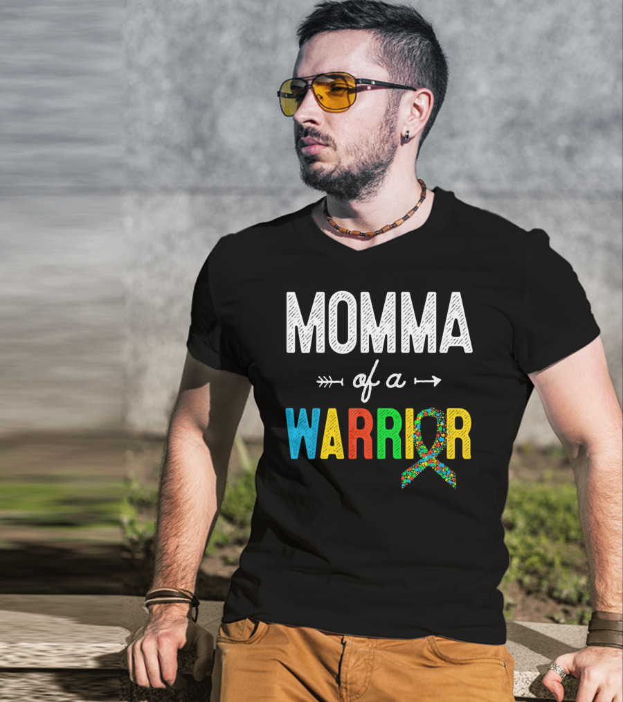 Momma Of A Warrior Autism Awareness Puzzle T-Shirt