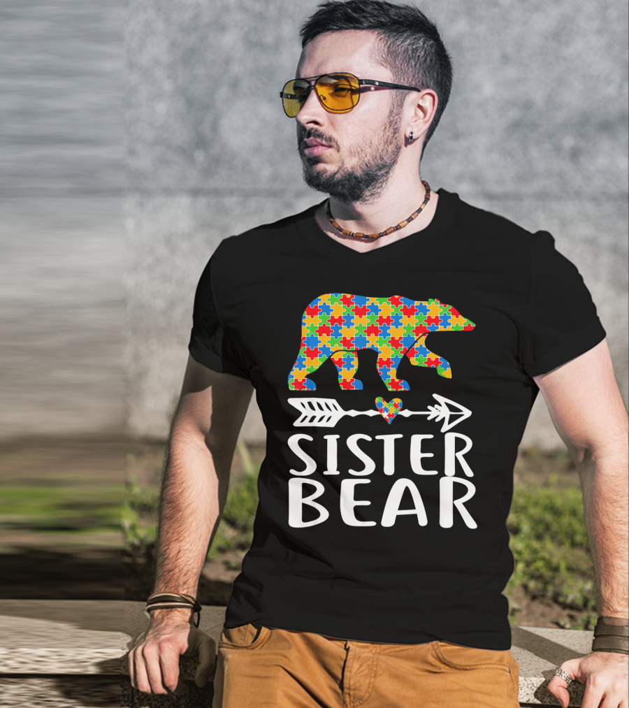 Sister Bear Autism Awareness Puzzle Bear Arrow Heart T-Shirt