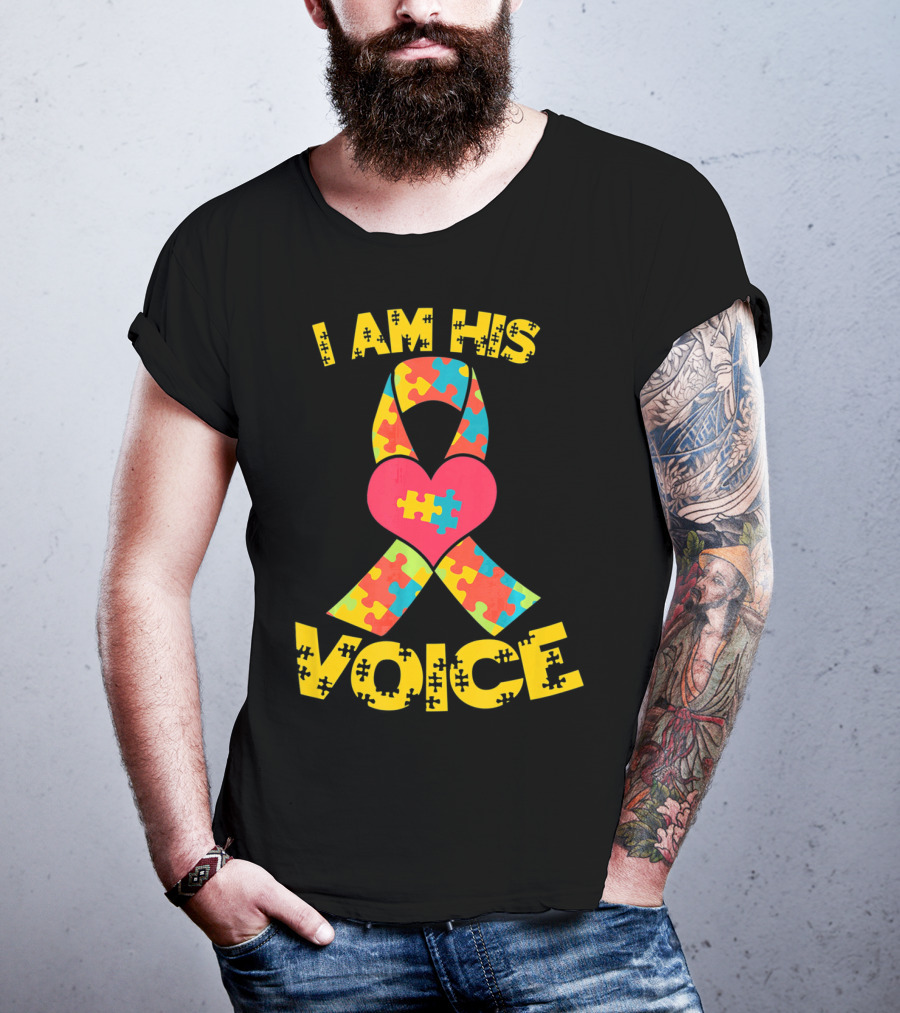 I Am His Voice Autism Awareness Puzzle Ribbon Heart T-Shirt