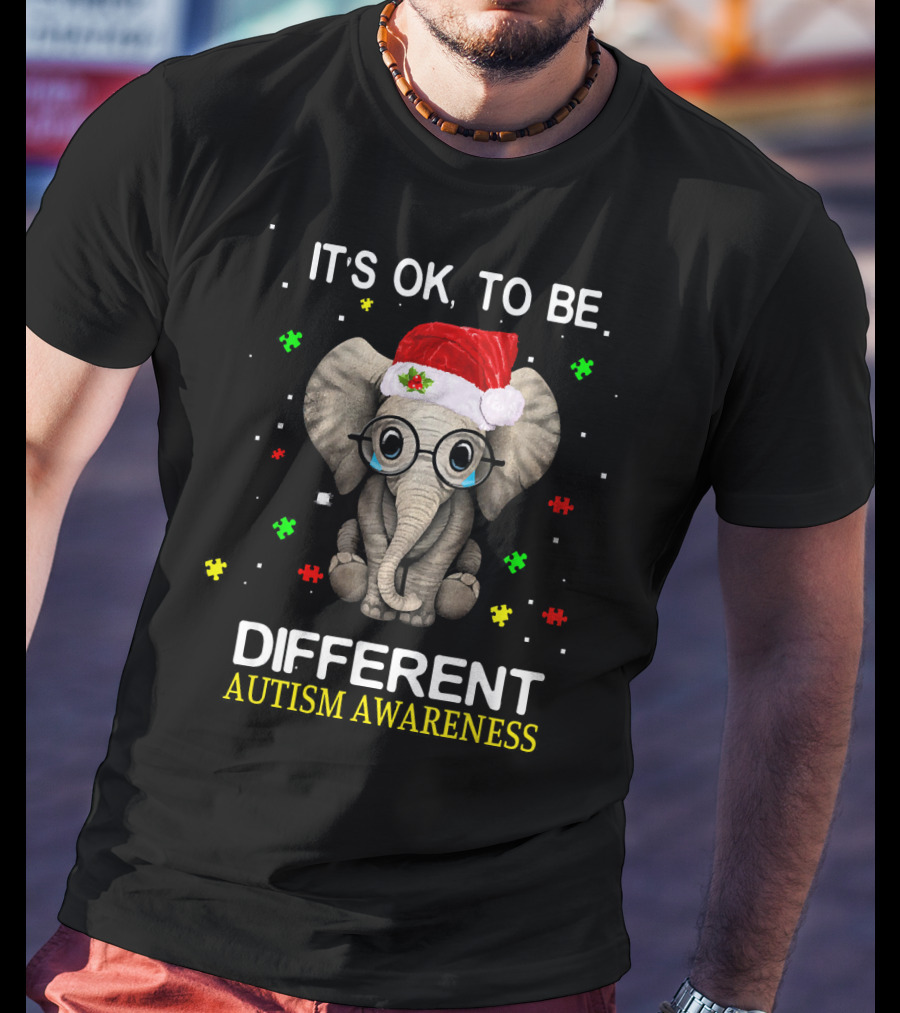 Its OK To Be Different Elephant Autism Awareness Santa Hat Puzzle Pieces T-Shirt