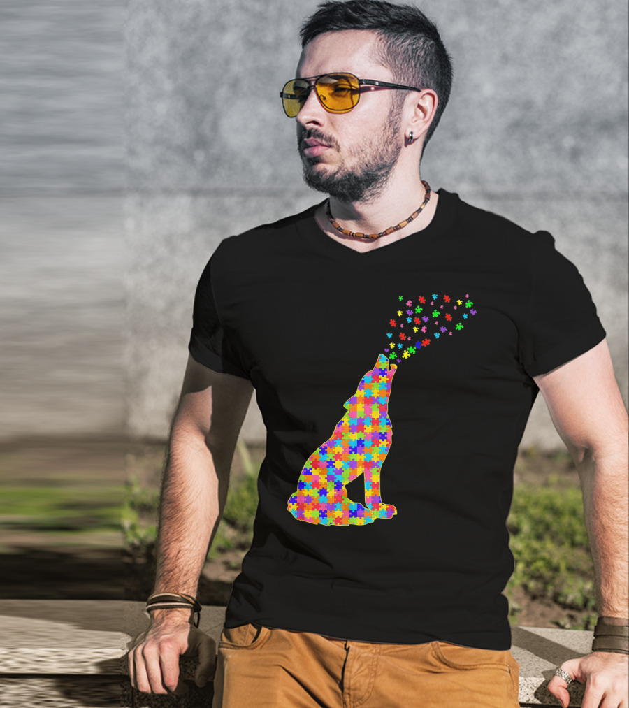Wolf Puzzle Autism Awareness Puzzle Pieces T-Shirt