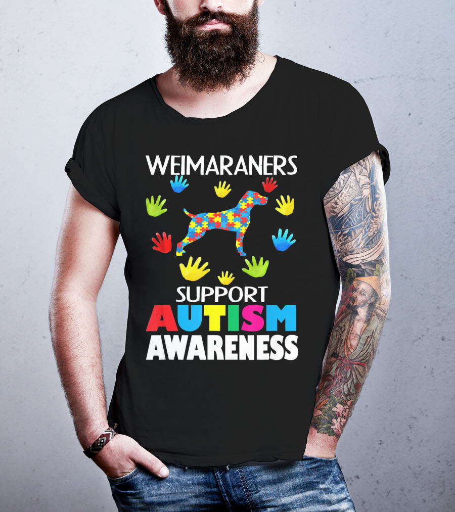 Weimaraners Support Autism Awareness Puzzle Piece Dog With Colorful Hands T-Shirt