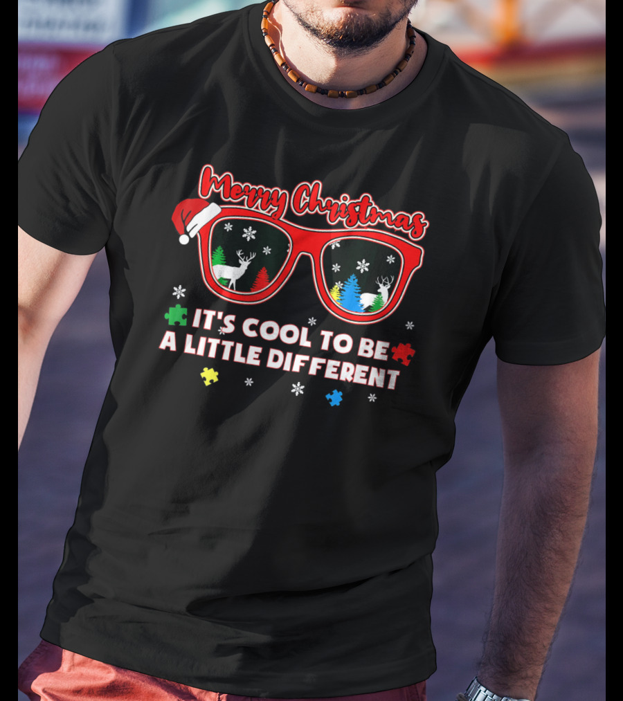 Merry Christmas Autism Awareness Santa Sunglasses It's Cool To Be A Little Different T-Shirt