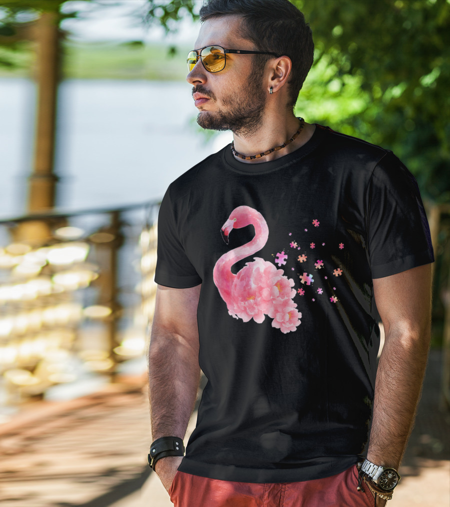 Flamingo Puzzle Autism Awareness Floral Elements T-Shirt