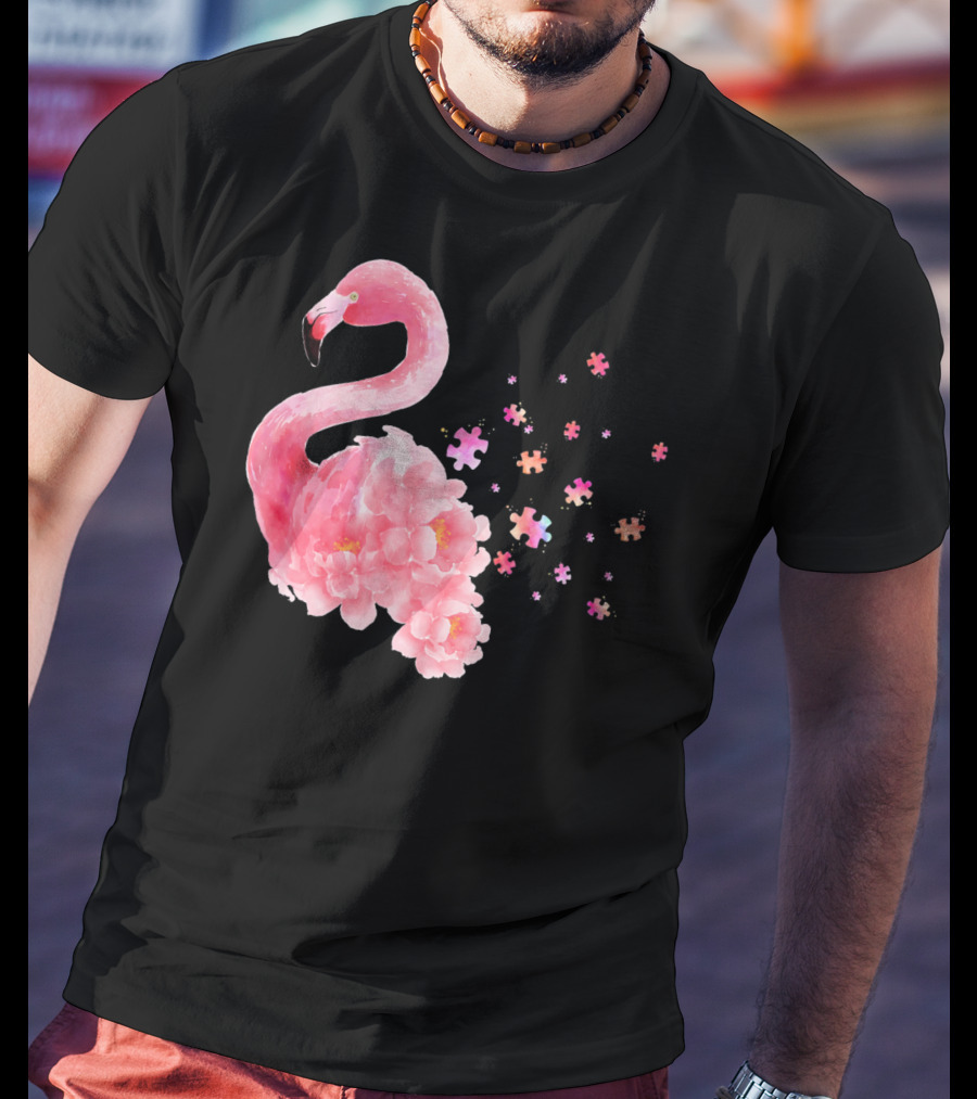 Flamingo Puzzle Autism Awareness Floral Elements T-Shirt