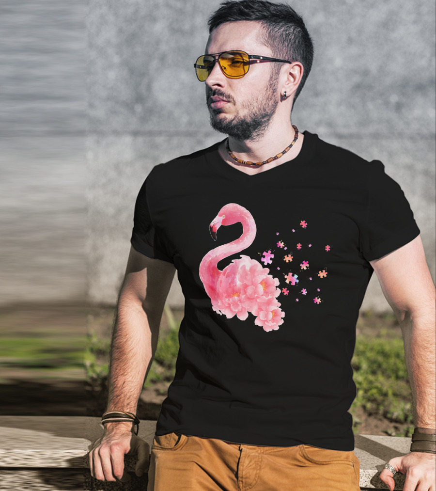 Flamingo Puzzle Autism Awareness Floral Elements T-Shirt