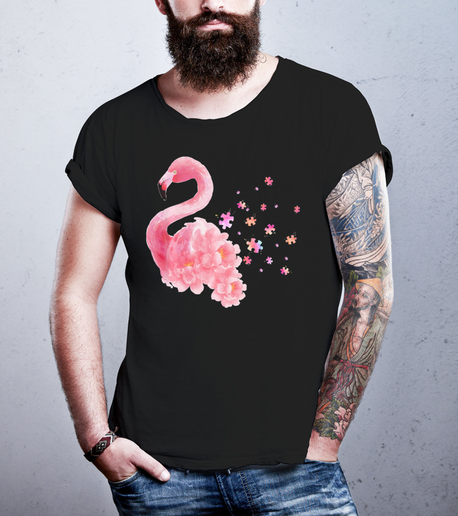 Flamingo Puzzle Autism Awareness Floral Elements T-Shirt