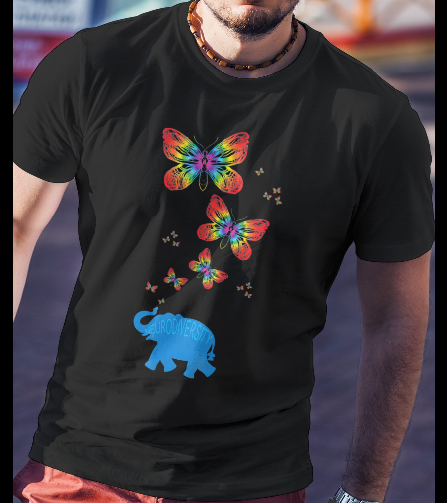 Neurodiversity Autism Elephant With Rainbow Butterflies T-Shirt