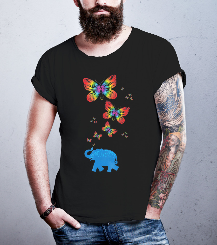 Neurodiversity Autism Elephant With Rainbow Butterflies T-Shirt