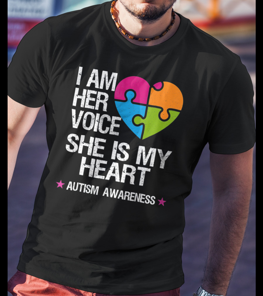 I Am Her Voice She Is My Heart Autism Awareness Puzzle Heart T-Shirt
