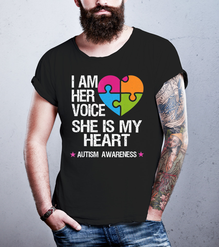I Am Her Voice She Is My Heart Autism Awareness Puzzle Heart T-Shirt