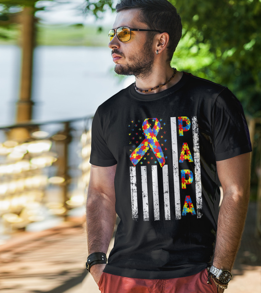 Papa Autism Awareness Puzzle Ribbon USA Flag T-Shirt