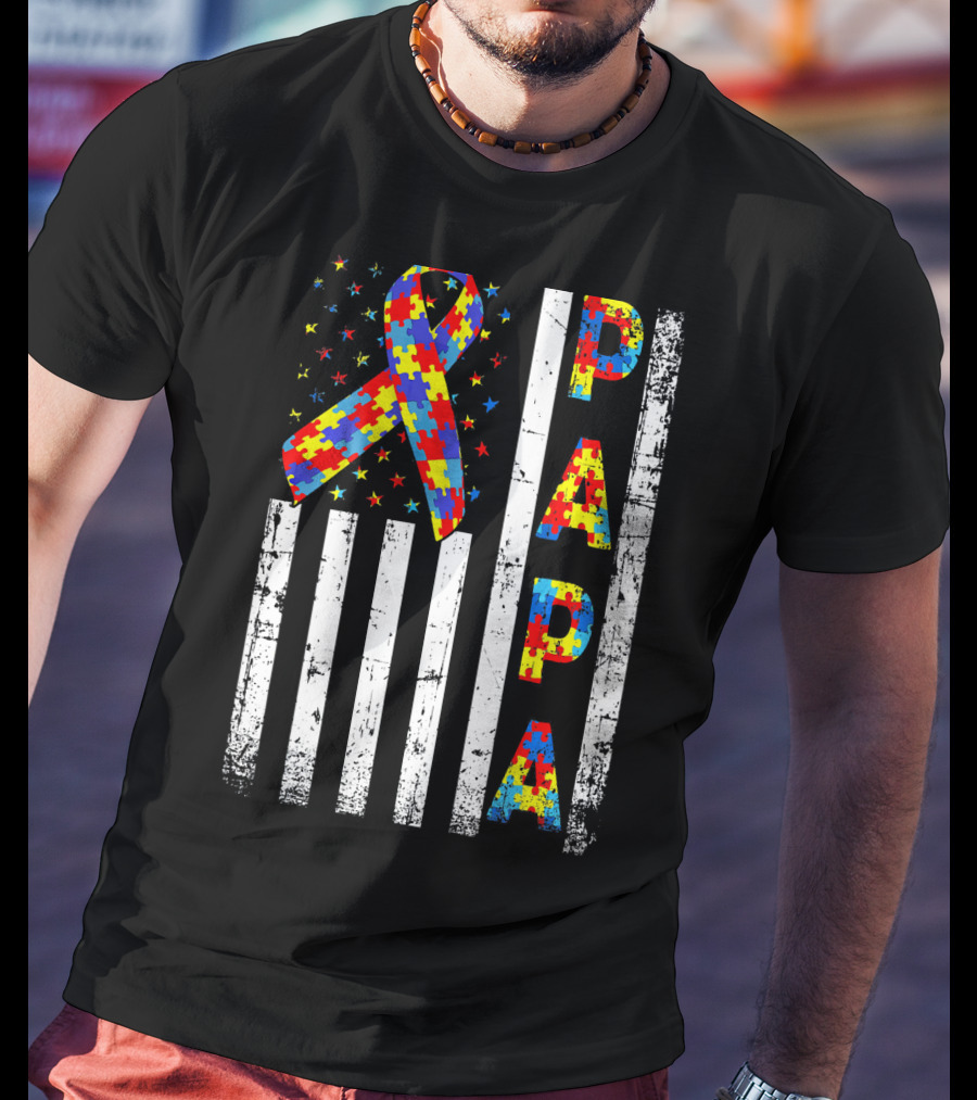 Papa Autism Awareness Puzzle Ribbon USA Flag T-Shirt