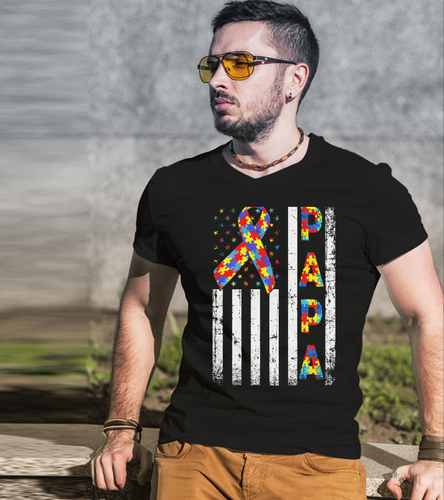Papa Autism Awareness Puzzle Ribbon USA Flag T-Shirt