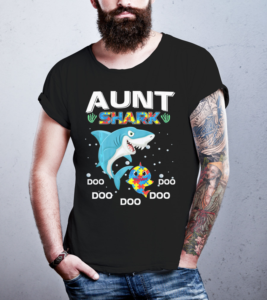 Aunt Shark Doo Doo Autism Awareness Puzzle Piece T-Shirt