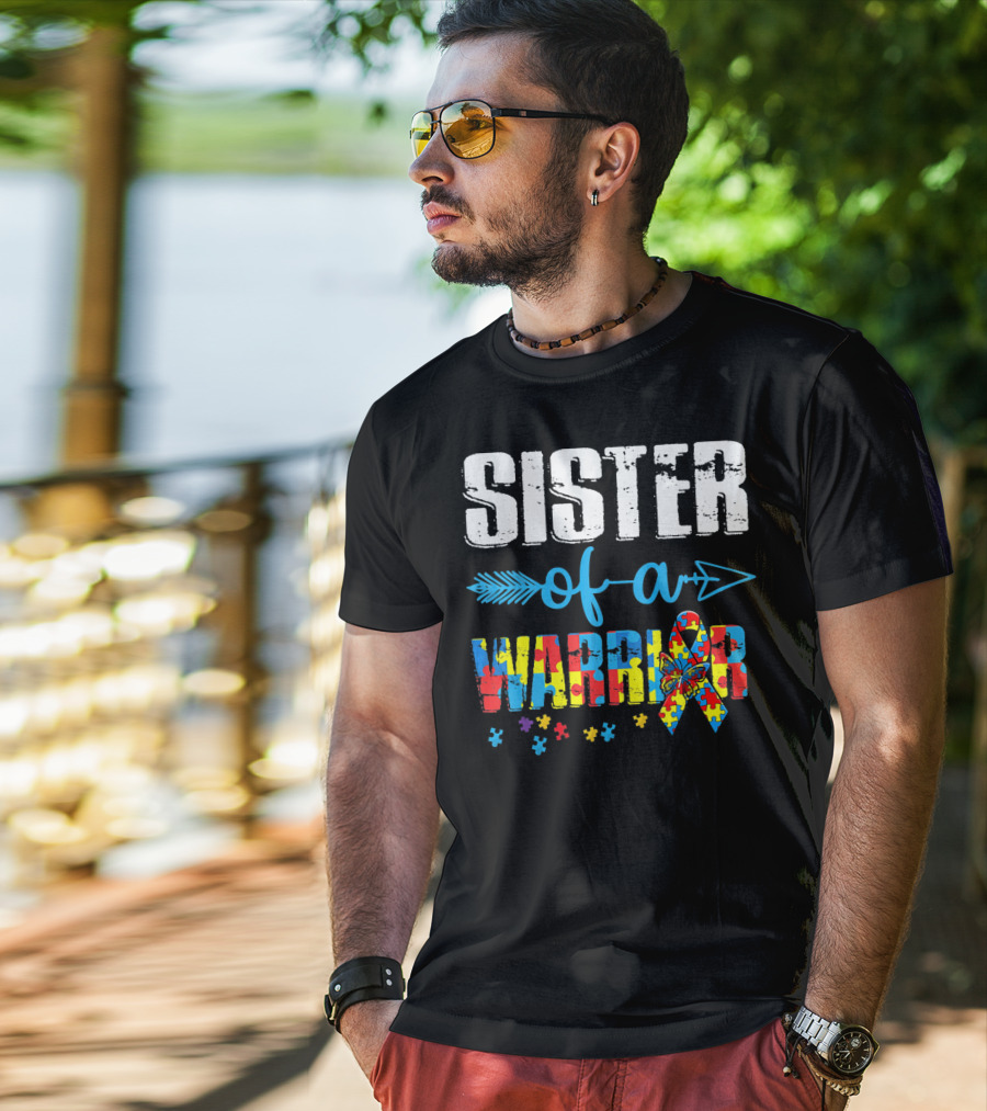 Sister Of A Warrior Puzzle Ribbon Autism Awareness T-Shirt