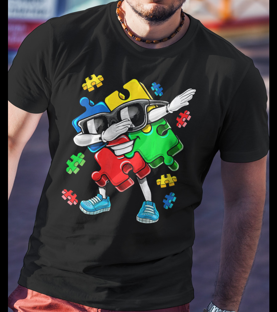 Autism Awareness Cool Dabbing Puzzle Piece Character T-Shirt