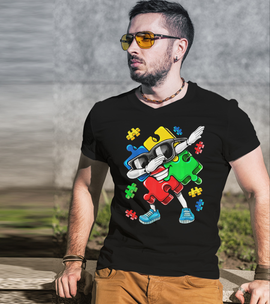 Autism Awareness Cool Dabbing Puzzle Piece Character T-Shirt