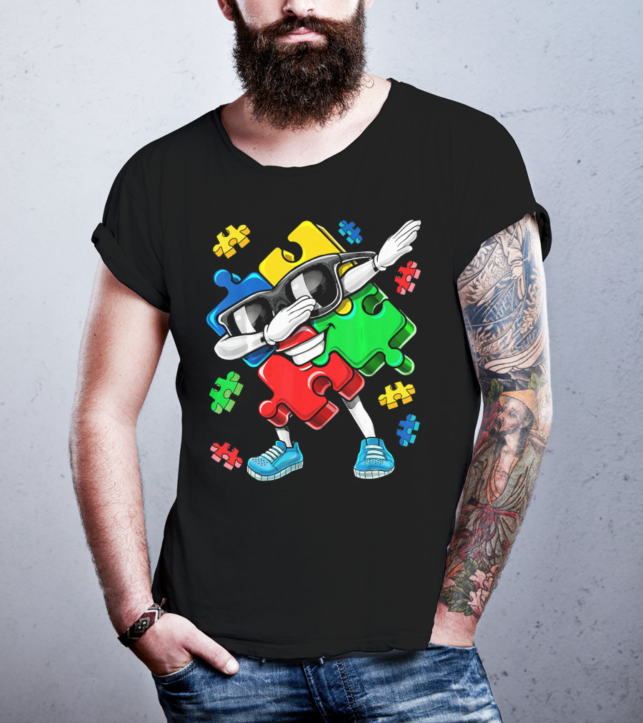 Autism Awareness Cool Dabbing Puzzle Piece Character T-Shirt